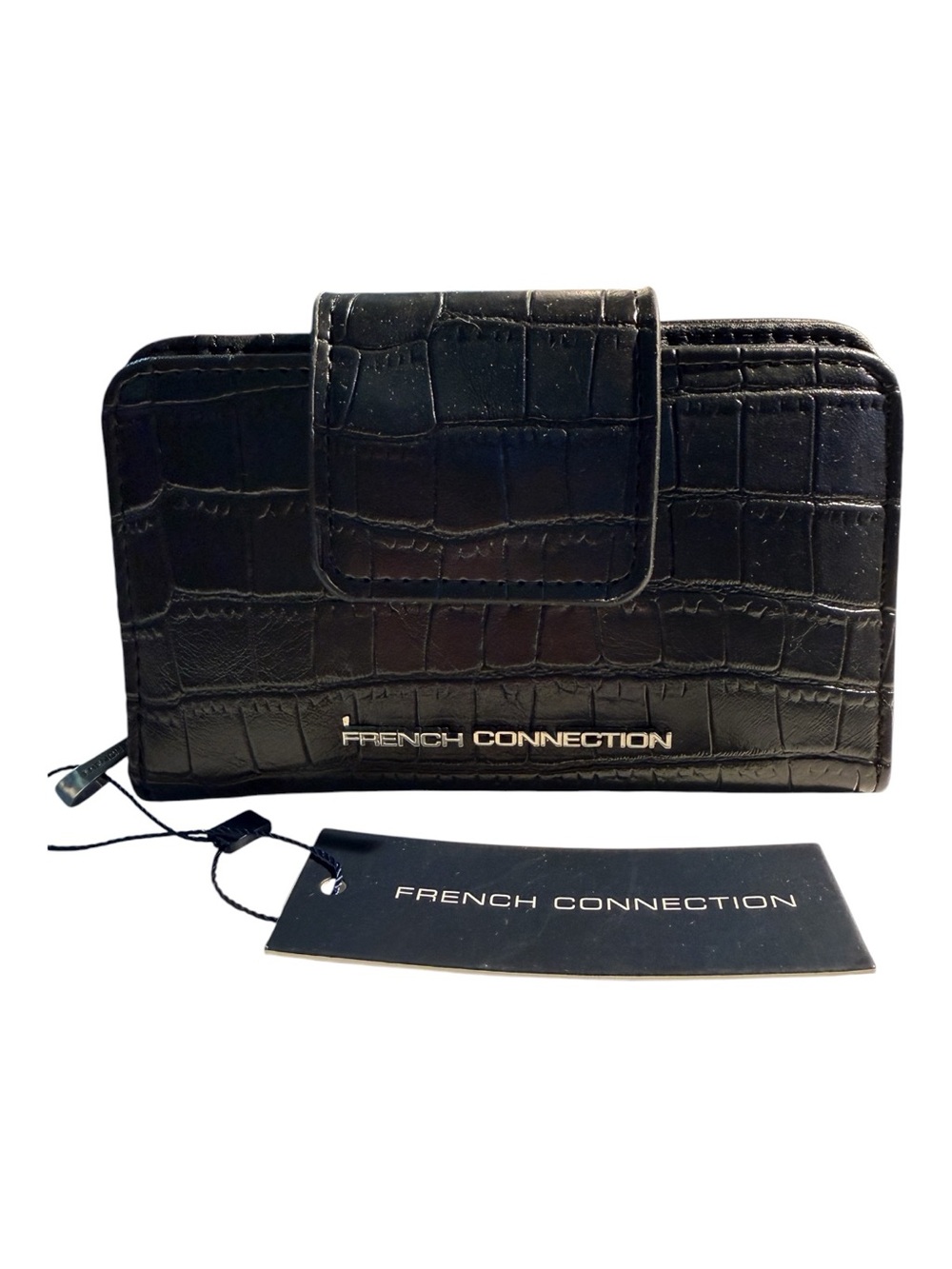 French Connection Emmy Croco Fold Zipper Wallet Black NWT